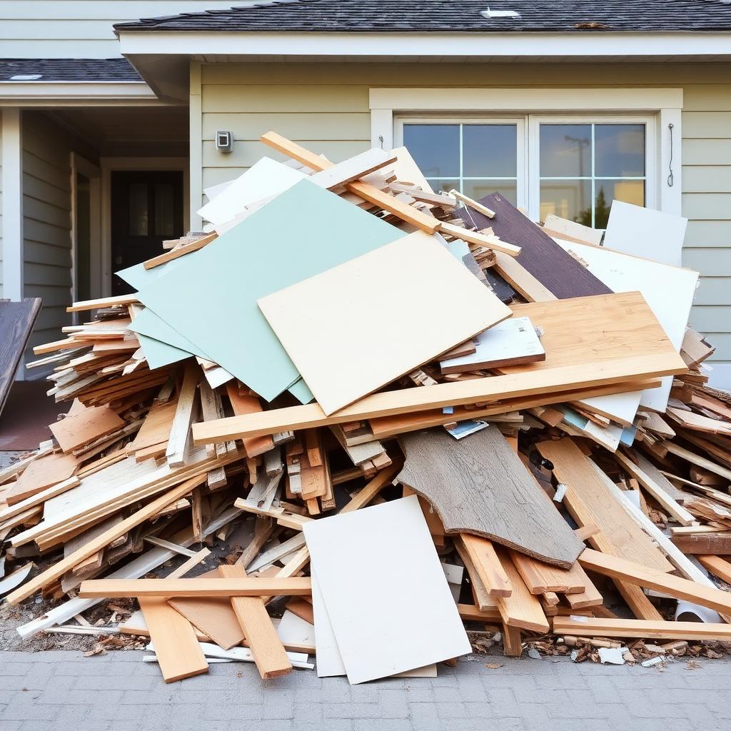 Construction debris pile of drywall and lumber outside a Sault Ste. Marie renovation