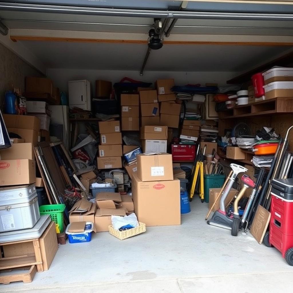 Cluttered garage in a Sault Ste. Marie home ready for cleanout